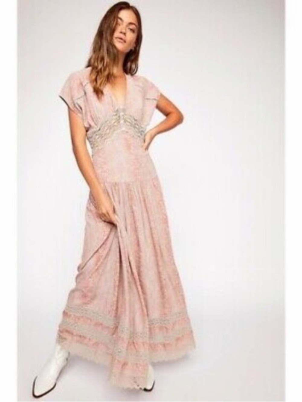 Free People Dusty Rose Lace-Trim Maxi Dress Size 6 BNWOT